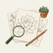 Emblème de Perrine Waechter : planches de dessins botaniques, loupe, crayon et petite succulente en pot