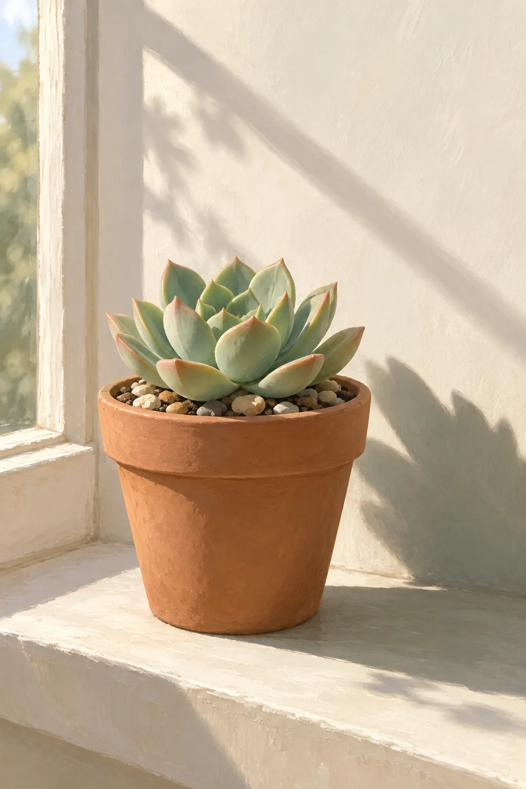 Illustration d’une succulente en rosette dans un pot de terre cuite, près d’une fenêtre