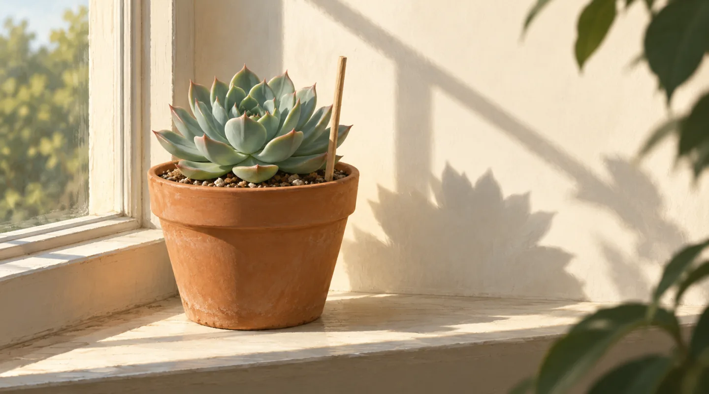 Illustration d’une succulente en rosette dans un pot de terre cuite sur un rebord de fenêtre, une baguette en bois plantée dans le substrat