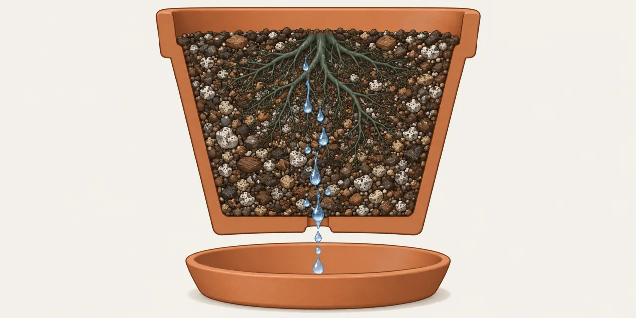 Schéma en coupe d’un pot en terre cuite : substrat chargé de grains minéraux, racines, et eau qui traverse le trou de drainage vers la soucoupe