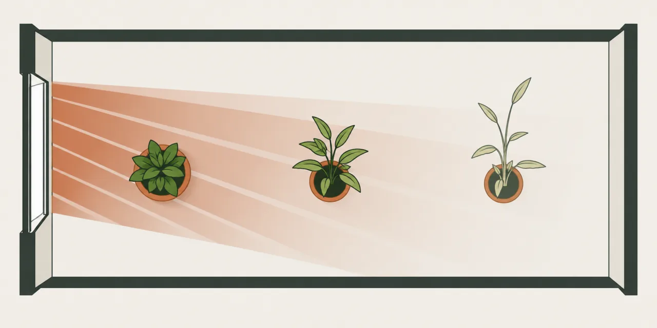 Schéma vu de dessus d’une pièce : la lumière de la fenêtre faiblit avec la distance, la plante la plus proche reste compacte, la plus éloignée s’étire et pâlit