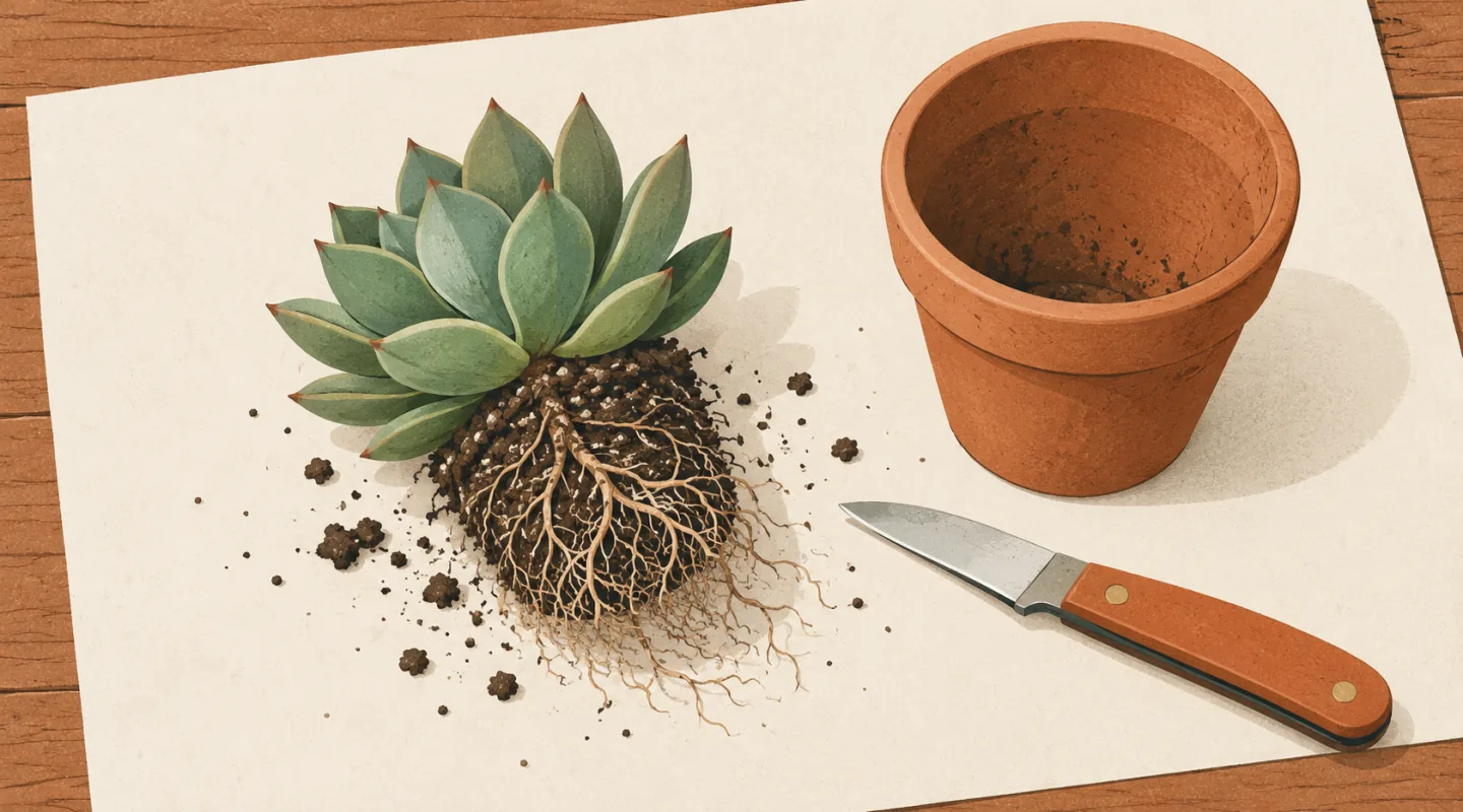 Illustration d’une succulente dépotée, motte et racines visibles, posée sur une feuille de papier à côté de son pot vide et d’un couteau