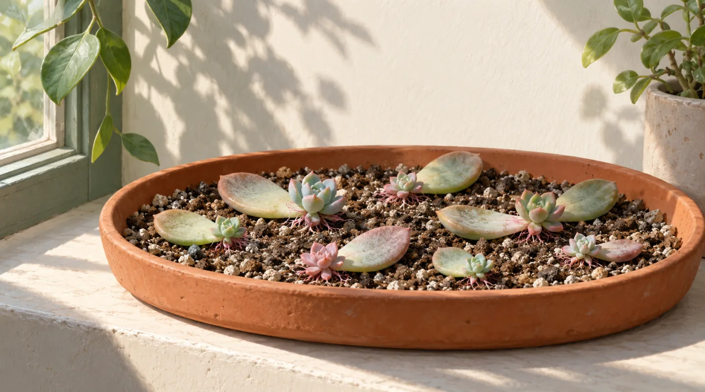 Illustration de feuilles de succulentes posées dans une coupe de substrat minéral, de petites racines et de minuscules rosettes apparaissant à leur base