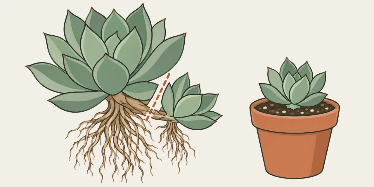 Schéma d’un rejet relié à la plante mère, avec ses propres racines et une ligne de séparation, puis replanté seul dans un petit pot