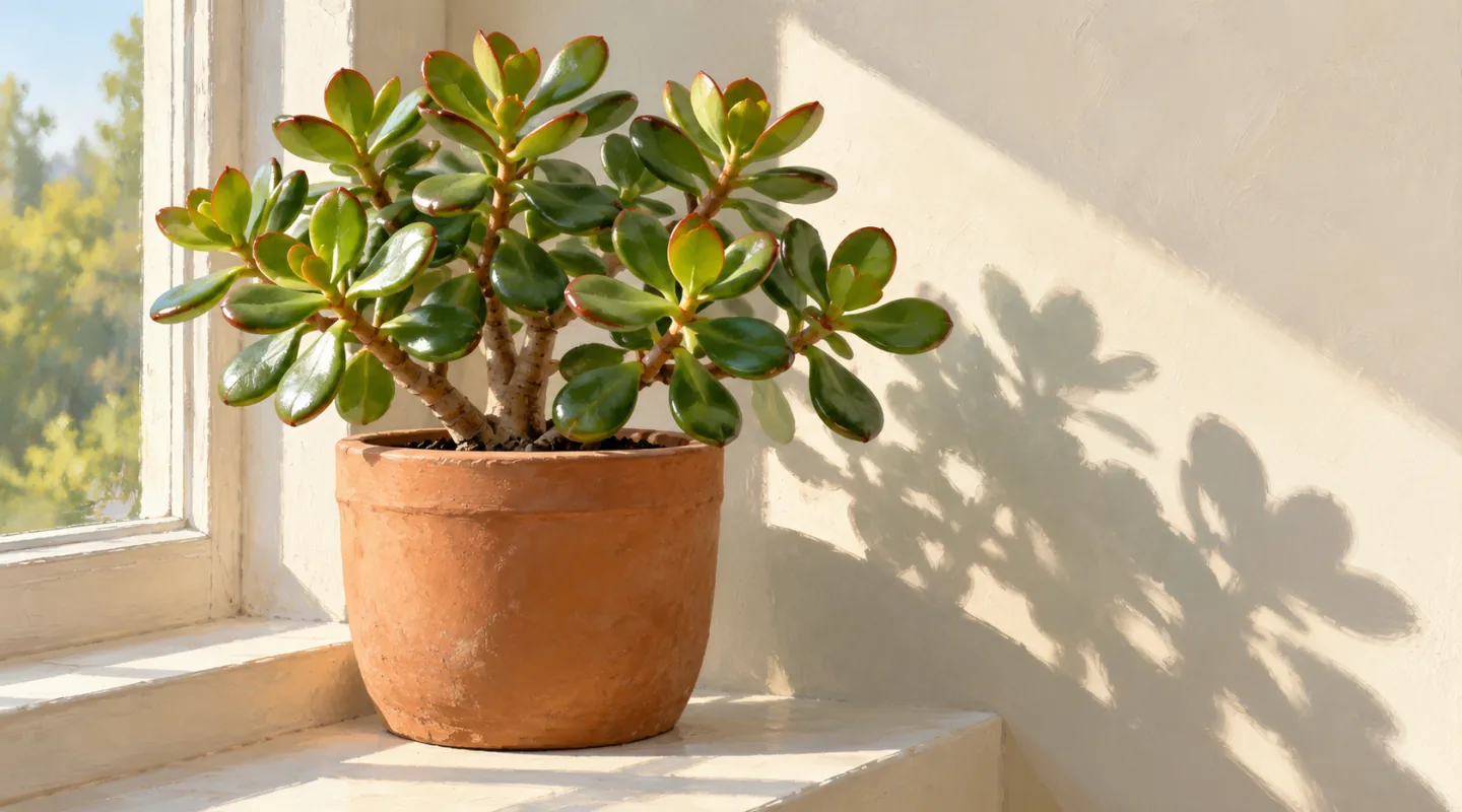 Illustration d’un arbre de jade ramifié aux feuilles bordées de rouge, dans un pot de terre cuite près d’une fenêtre lumineuse