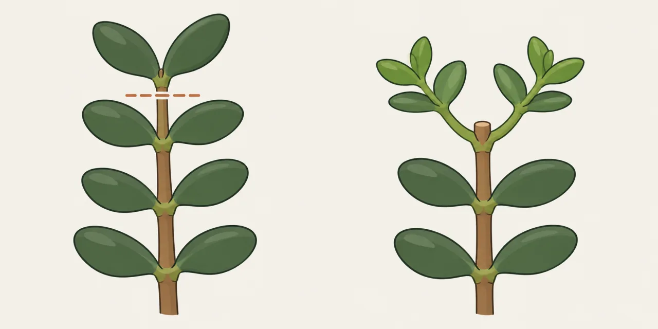 Schéma d’une branche d’arbre de jade coupée juste au-dessus d’une paire de feuilles, puis de deux nouvelles pousses repartant sous la coupe