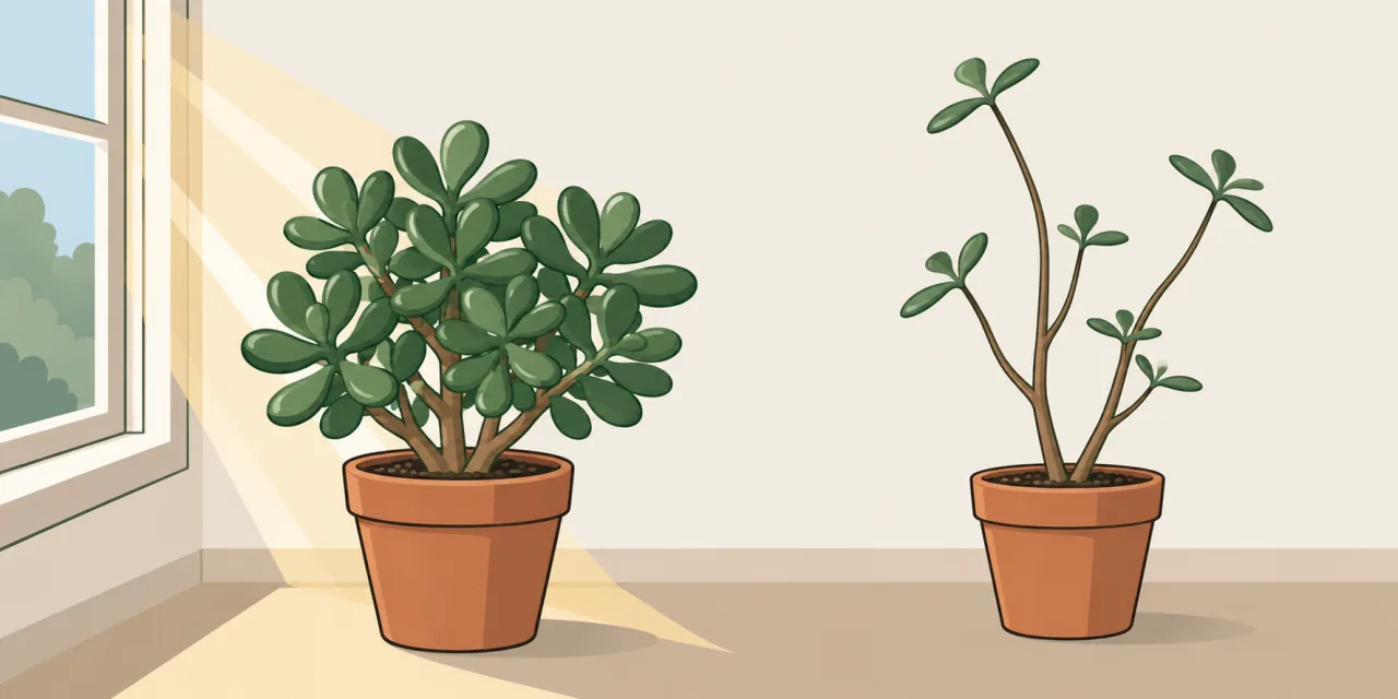 Schéma comparant un arbre de jade compact et dense près d’une fenêtre et un arbre de jade étiré, aux tiges dégarnies, loin de la lumière