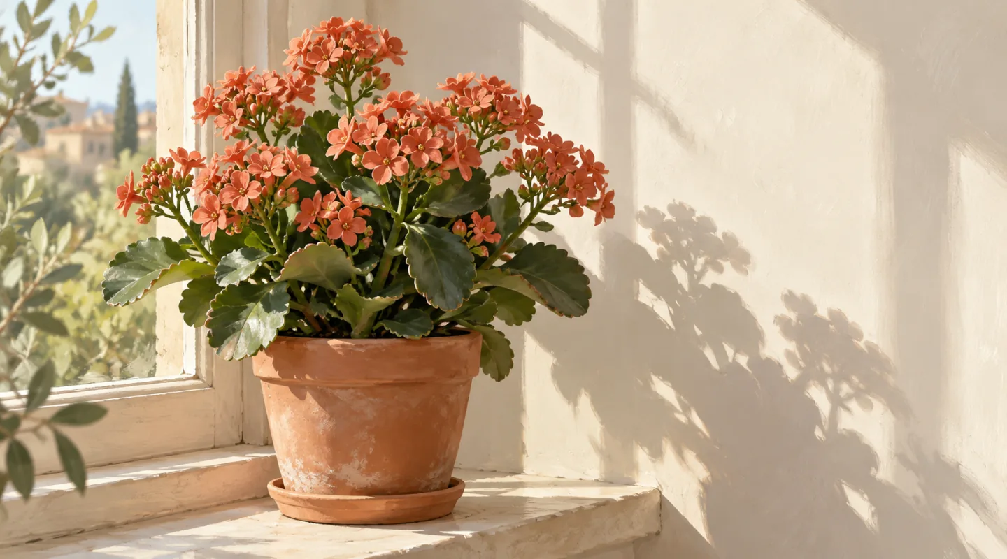 Illustration d’un kalanchoe fleuri, aux fleurs corail, dans un pot de terre cuite sur un rebord de fenêtre