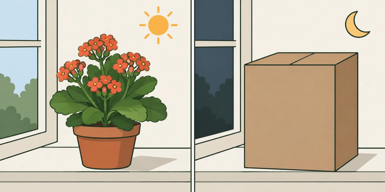 Schéma des jours courts : le jour, le kalanchoe fleuri près de la fenêtre ; la nuit, la plante recouverte d’un carton opaque