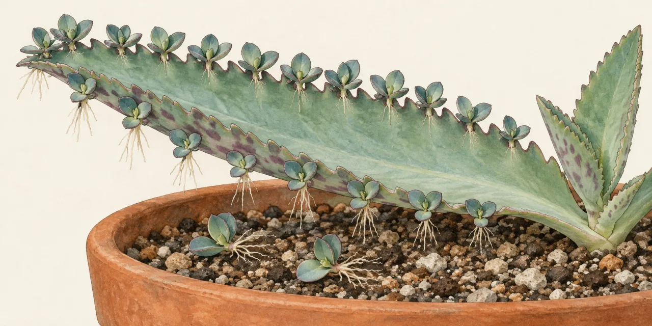 Illustration botanique d’une feuille dentée de kalanchoe mille-bébés bordée de minuscules plantules à racines, dont quelques-unes sont tombées sur le substrat du pot