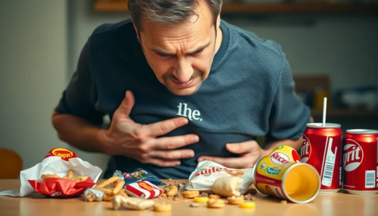 Une personne soulevant son estomac avec une expression de douleur légère.