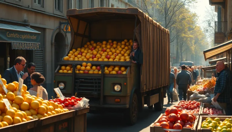 Camion de fruits immobilisé sur une route, avec des caisses de fruits visibles.