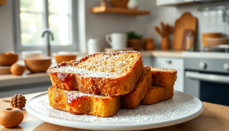 Une assiette de pain perdu doré et saupoudré de sucre glace, préparé à partir de restes de pain.