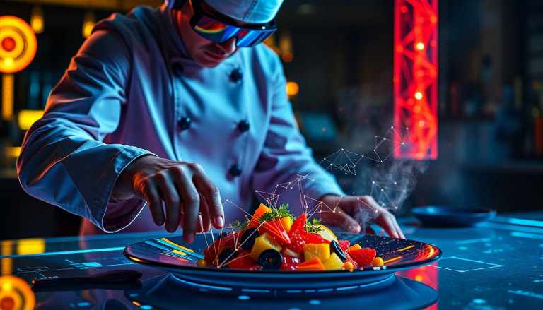 Chef futuriste manipulant des algorithmes au-dessus d'un plat.