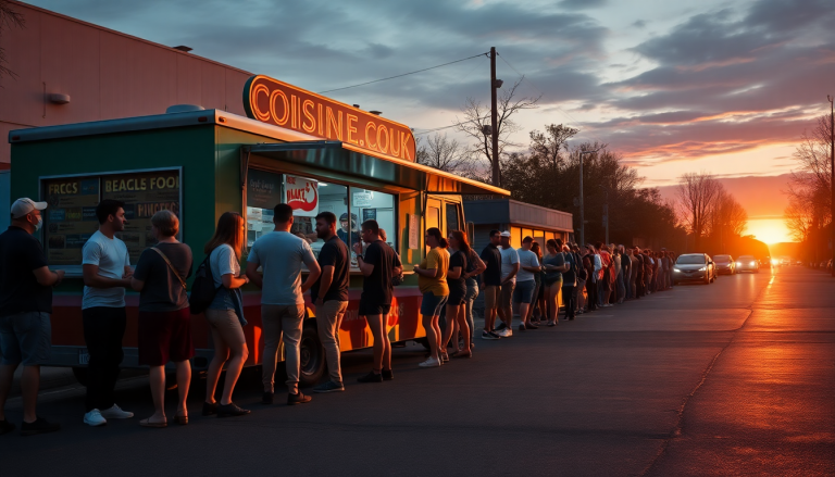 Un food truck animé et prospère avec une file d'attente, symbole de succès et d'attrait culinaire