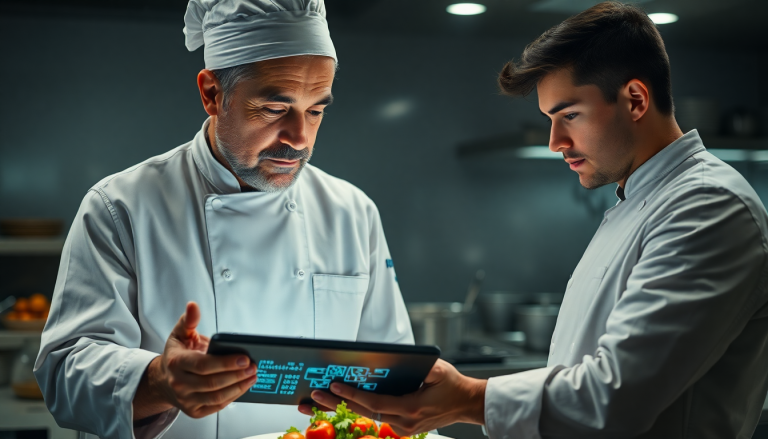 Chef étoilé et son second étudiant une recette futuriste générée par intelligence artificielle en cuisine moderne.
