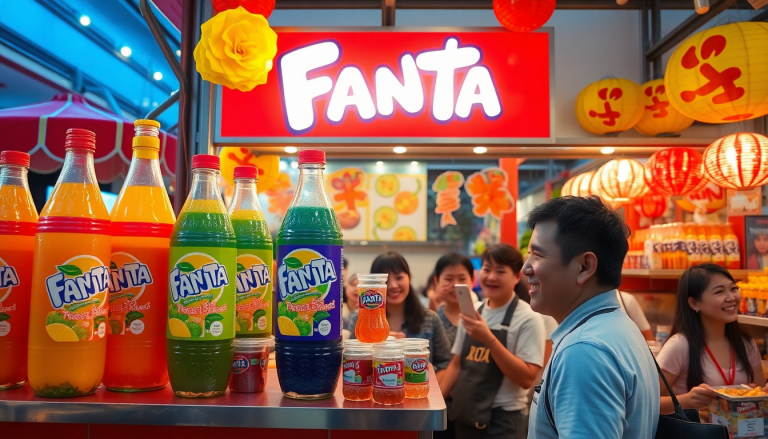 Un stand de Fanta au Japon, rempli de bouteilles de saveurs exotiques et de clients heureux.