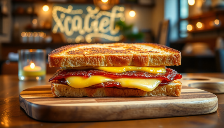 Photographie hyperréaliste d'un croque-monsieur gourmand, doré et débordant de fromage fondant, servi dans un cadre de restaurant accueillant.