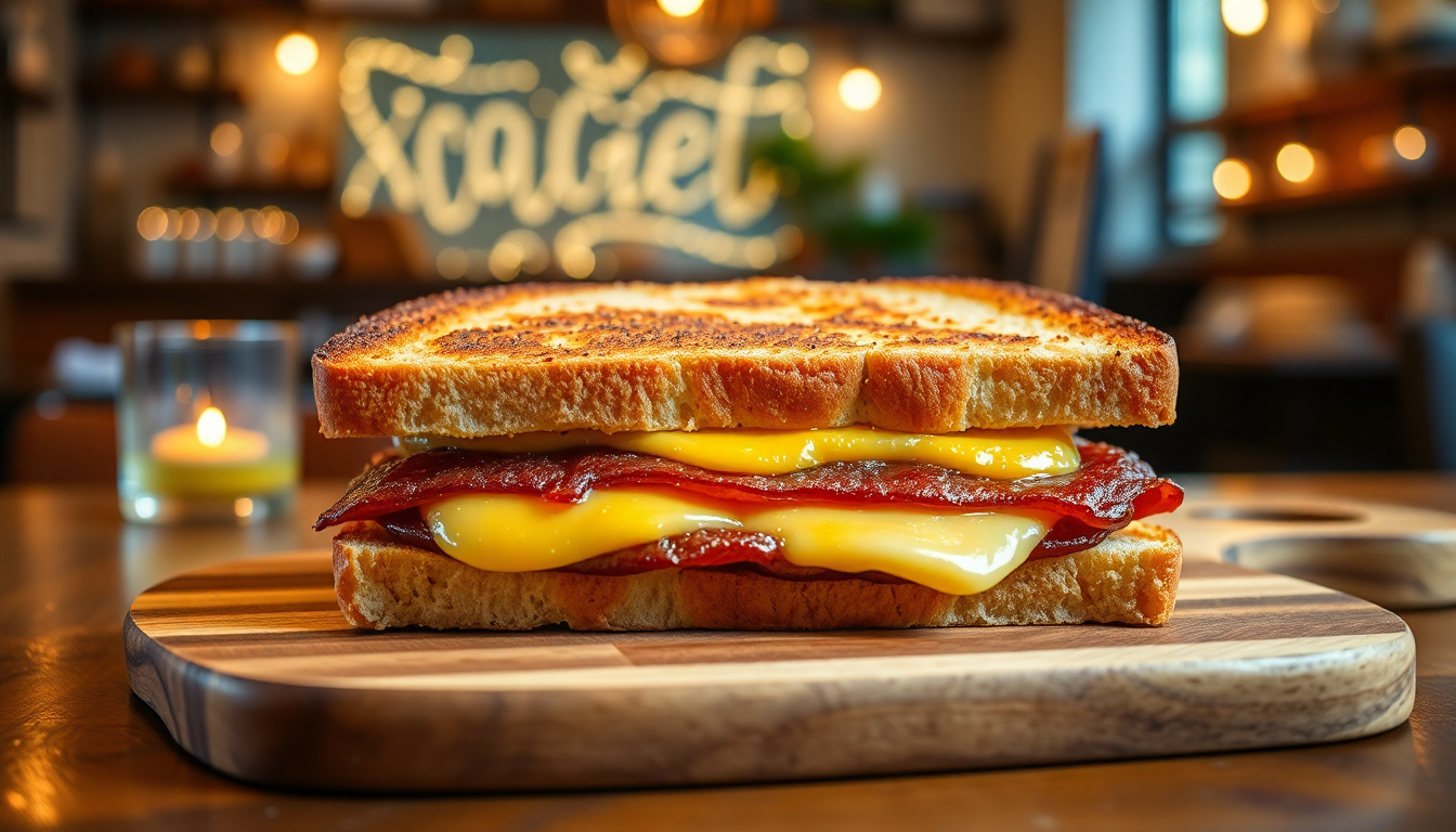 Photographie hyperréaliste d'un croque-monsieur gourmand, doré et débordant de fromage fondant, servi dans un cadre de restaurant accueillant.