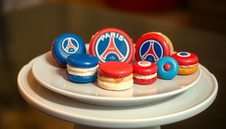 Vitrine de pâtisseries aux couleurs du PSG, avec une miniature de la Coupe du Monde