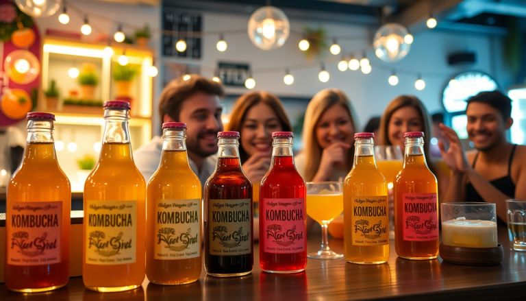 Image de personnes dégustant du kombucha dans un bar moderne et branché
