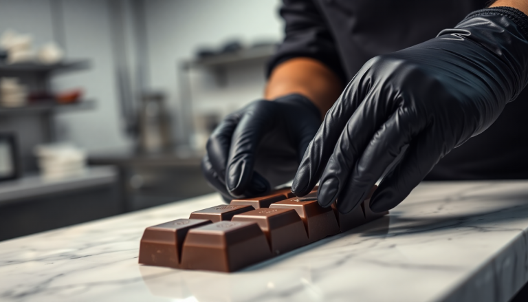 Un chocolatier inspecte une tablette de chocolat noir, symbolisant le contrôle qualité face à la problématique du cadmium.