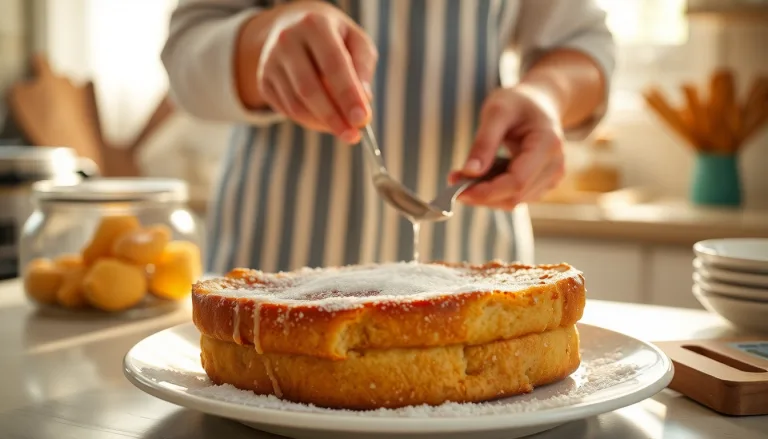 Une assiette appétissante de pain perdu doré et saupoudré de sucre.