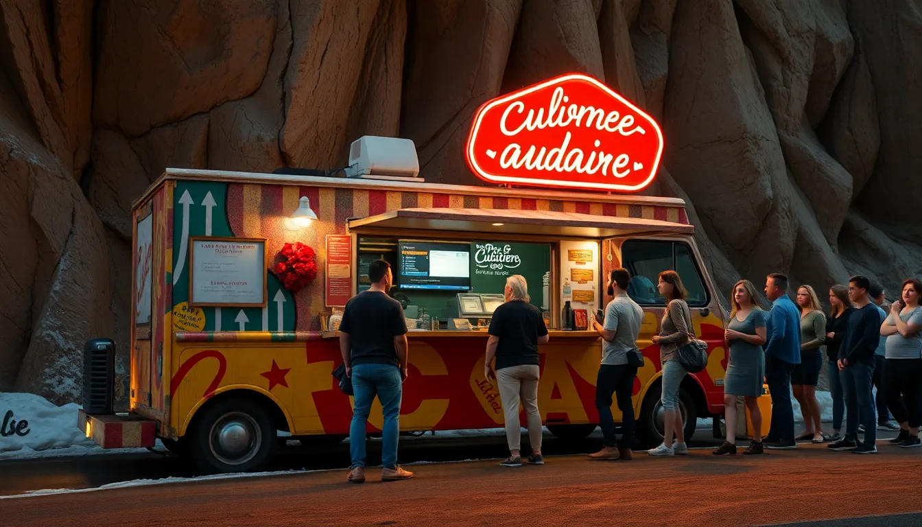Un food truck coloré et animé, avec une foule de clients souriants.