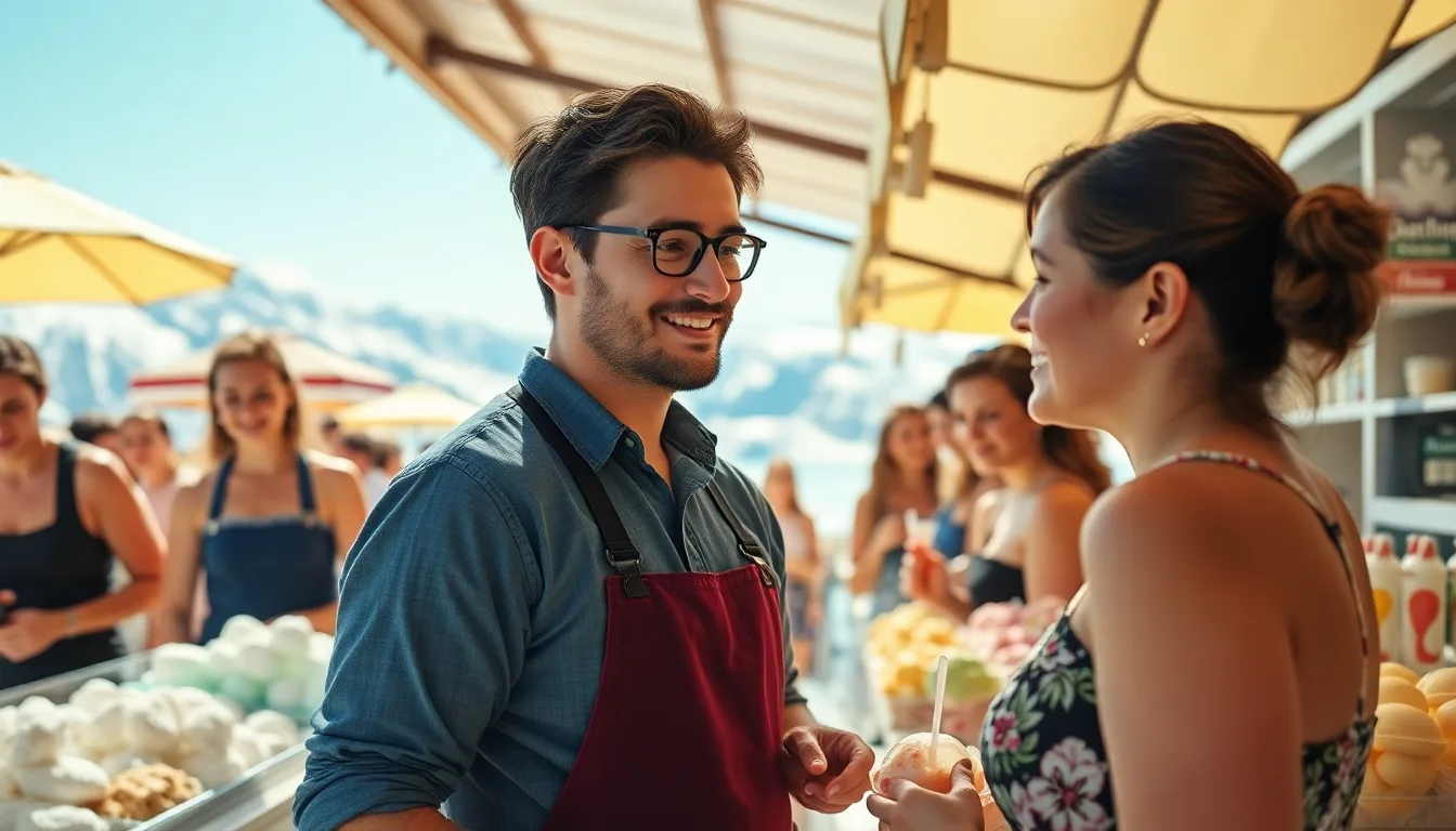Un glacier souriant devant son étal de sorbets colorés sous le soleil.