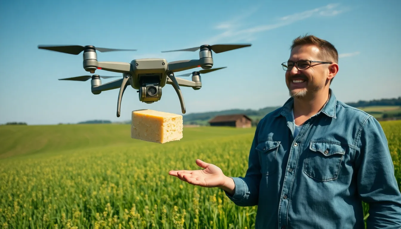 Un drone survolant un champ où du fromage est stocké, avec des graphiques de vente ascendants.