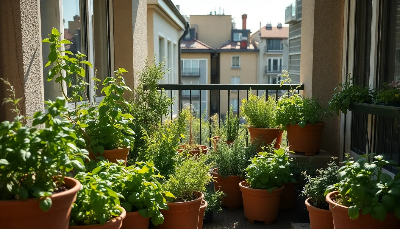 Un balcon aménagé en petit potager avec différentes herbes aromatiques.