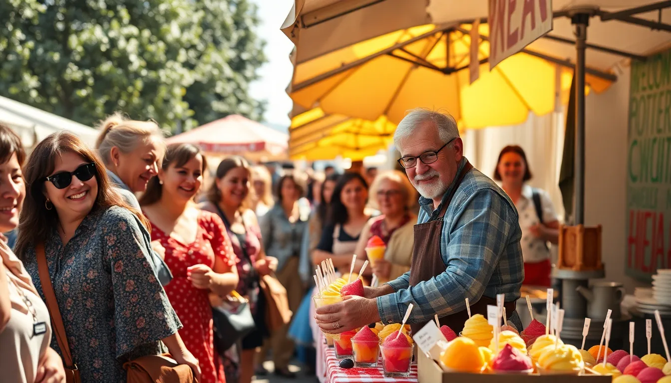 Un artisan sorbetier souriant devant son étal de sorbets colorés sous le soleil.