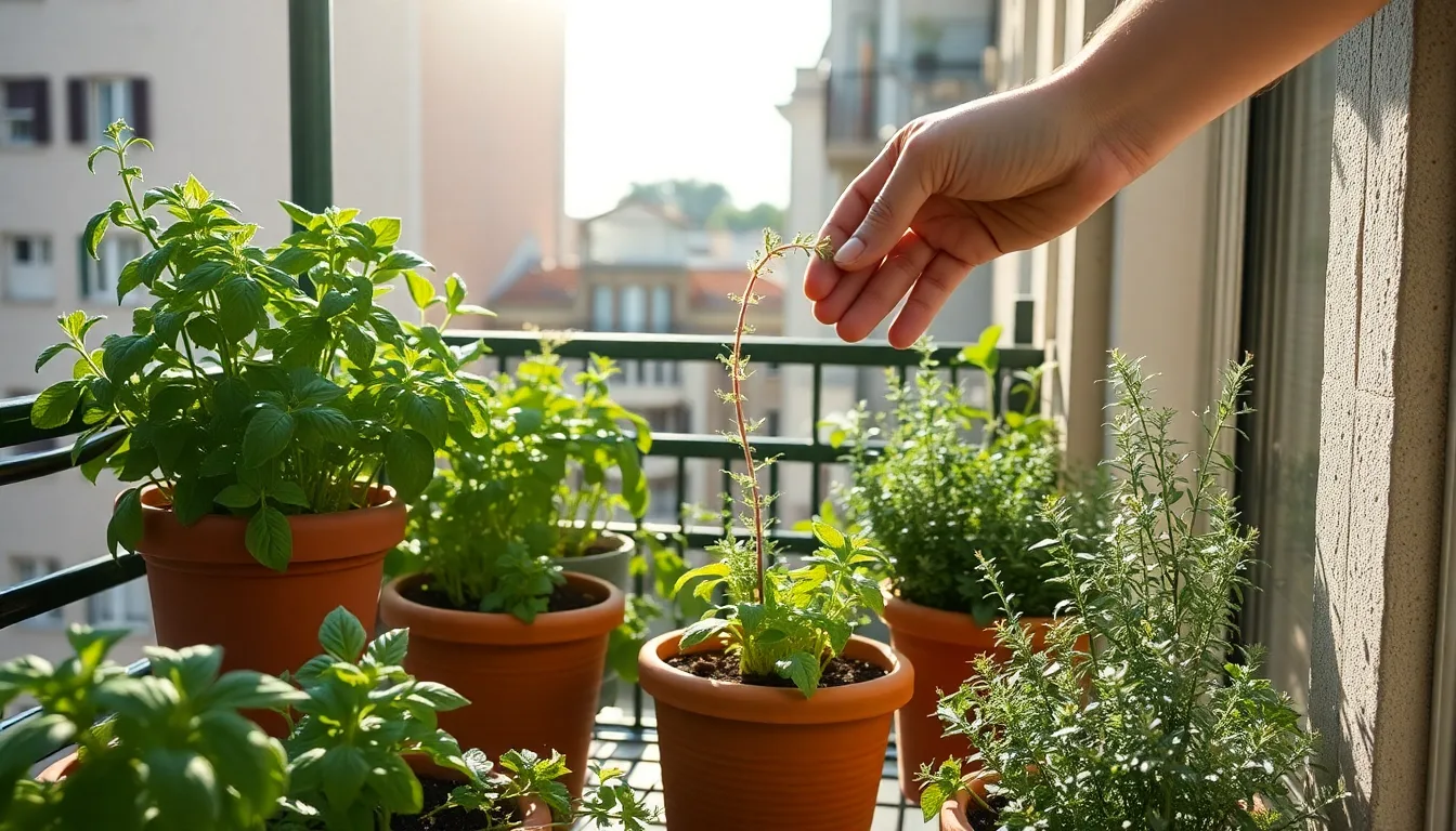 Un balcon fleuri transformé en mini-potager avec diverses herbes aromatiques bien entretenues.