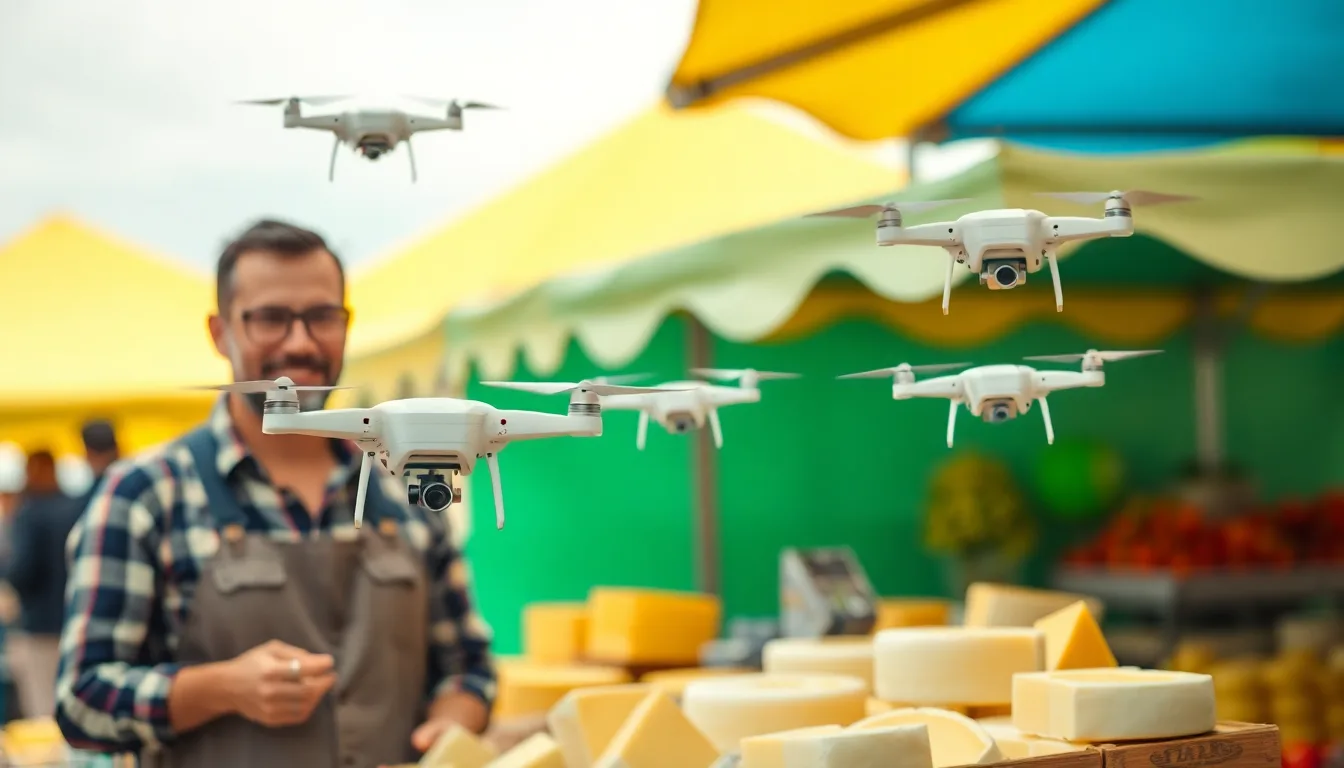 Un drone survolant un champ d'alpage avec des vaches, livrant un colis de fromage à un client.