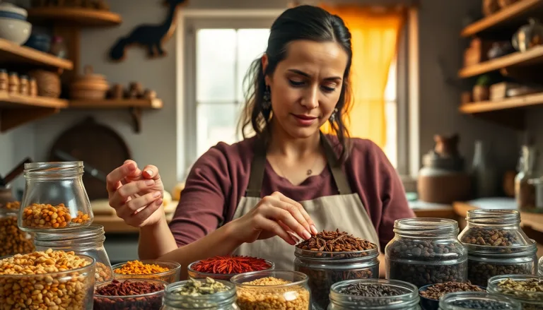 Petits bocaux d'épices colorées, bien fermés, dans une cuisine organisée.