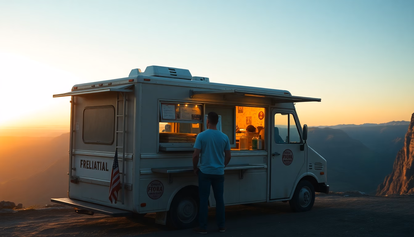Un food truck coloré et animé avec une longue file de clients