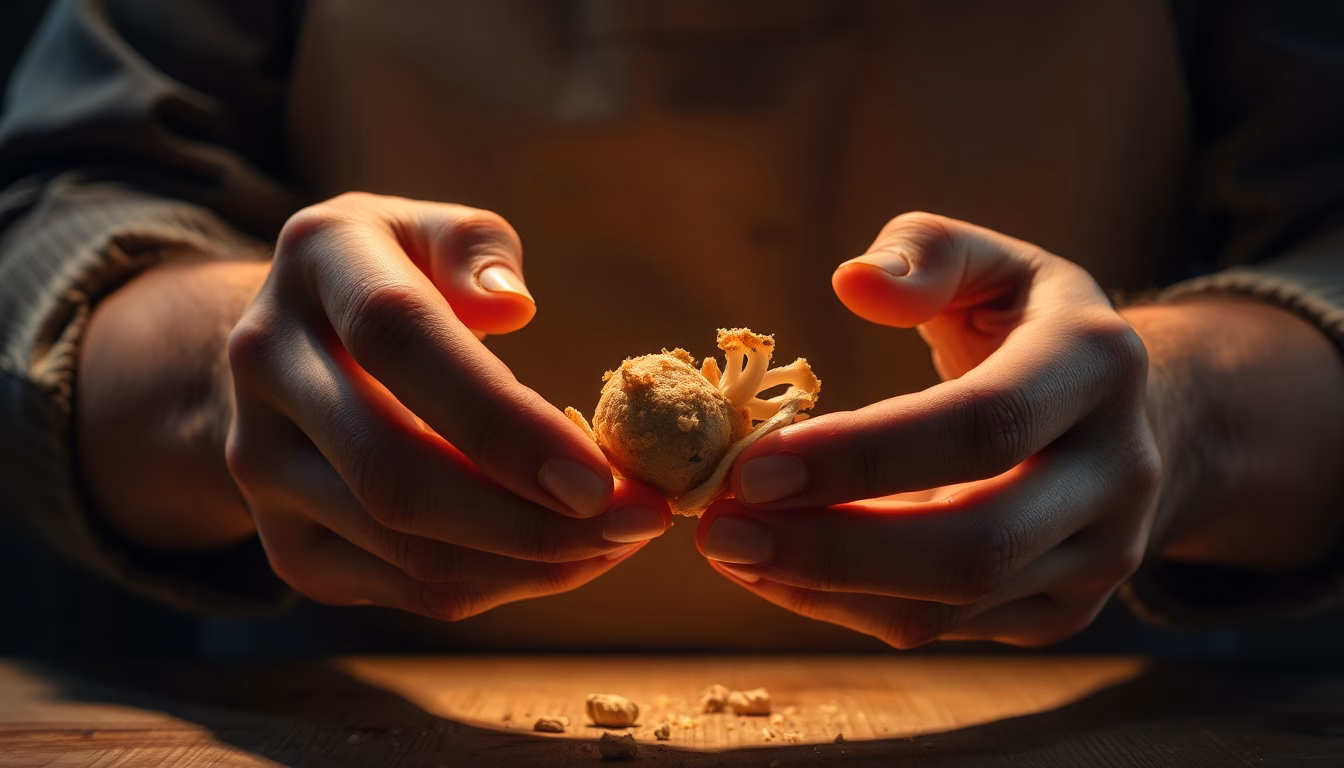 Une main tenant un ingrédient surprenant, avec un plat gastronomique fini en arrière-plan.