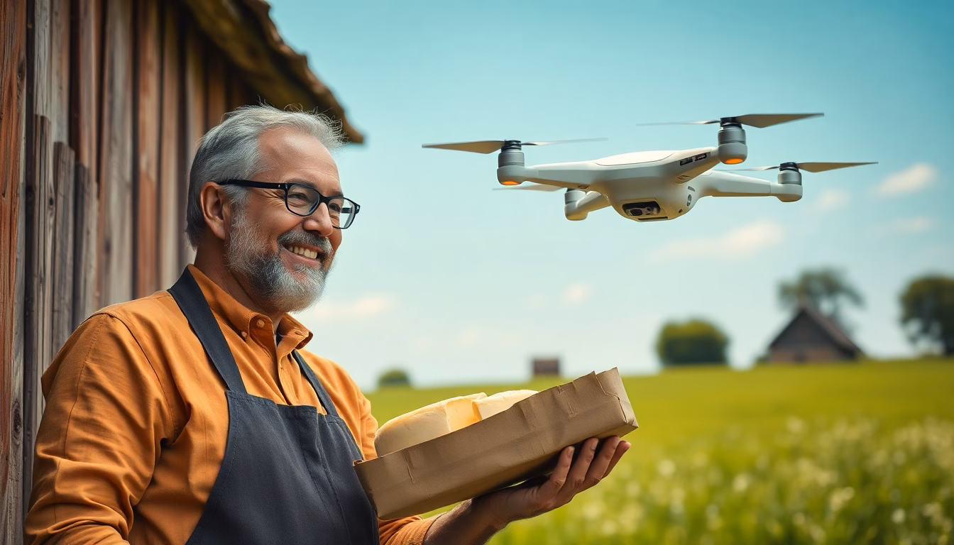 Un drone volant au-dessus d'un champ, portant un colis siglé d'une fromagerie.