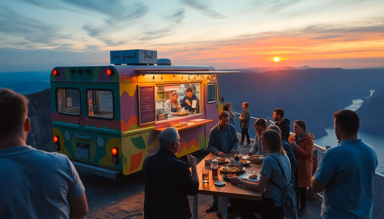 Un food truck coloré et animé, avec une file de clients souriants.
