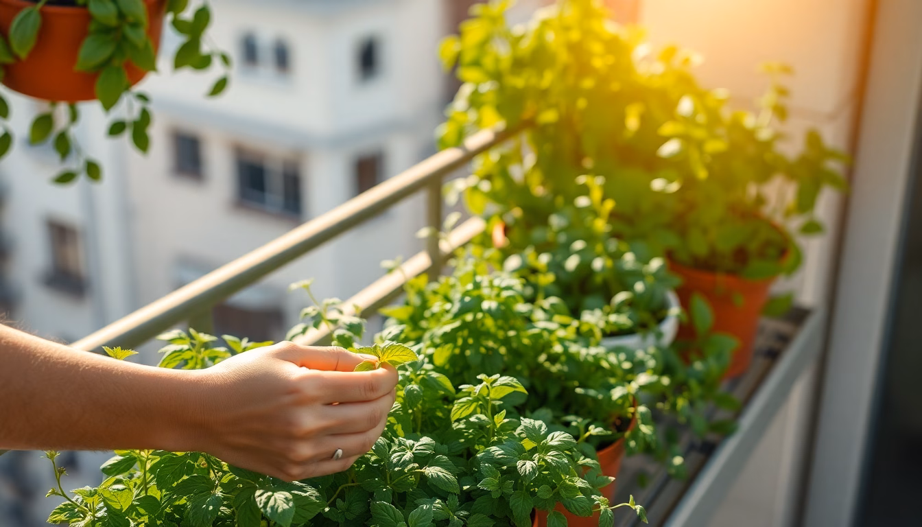 Un balcon fleuri rempli de pots d'herbes aromatiques fraîches, avec des mains cueillant du basilic.