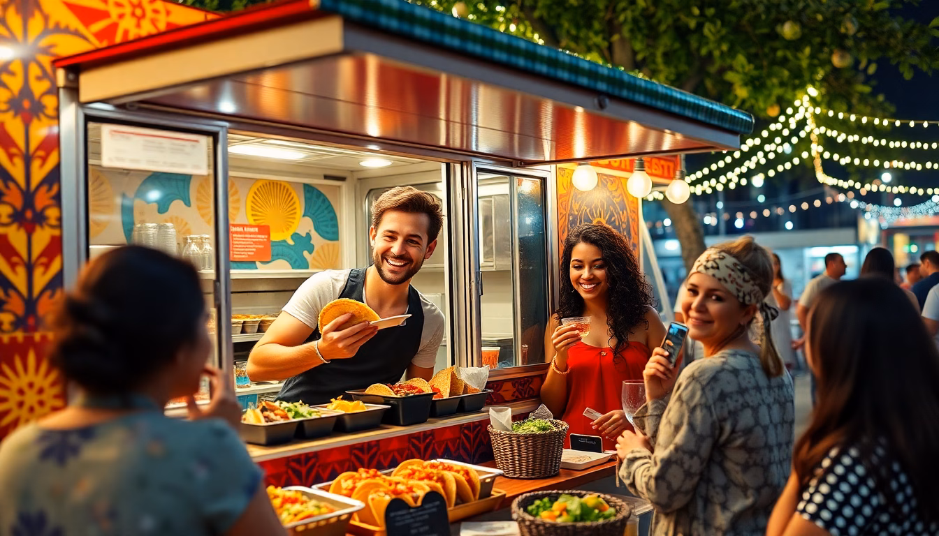 Food truck coloré stationné dans un paysage exotique