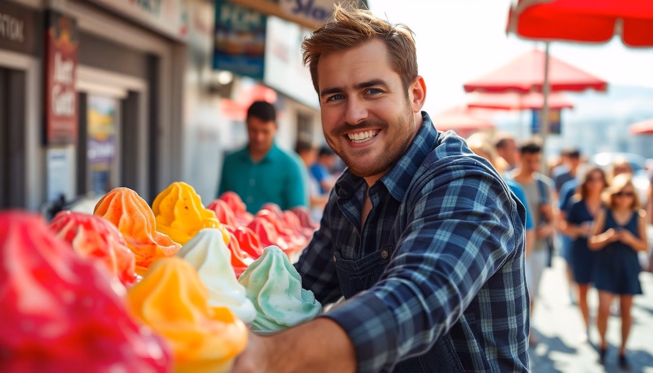 Un entrepreneur souriant tenant un cornet de sorbet coloré avec une canicule en arrière-plan.