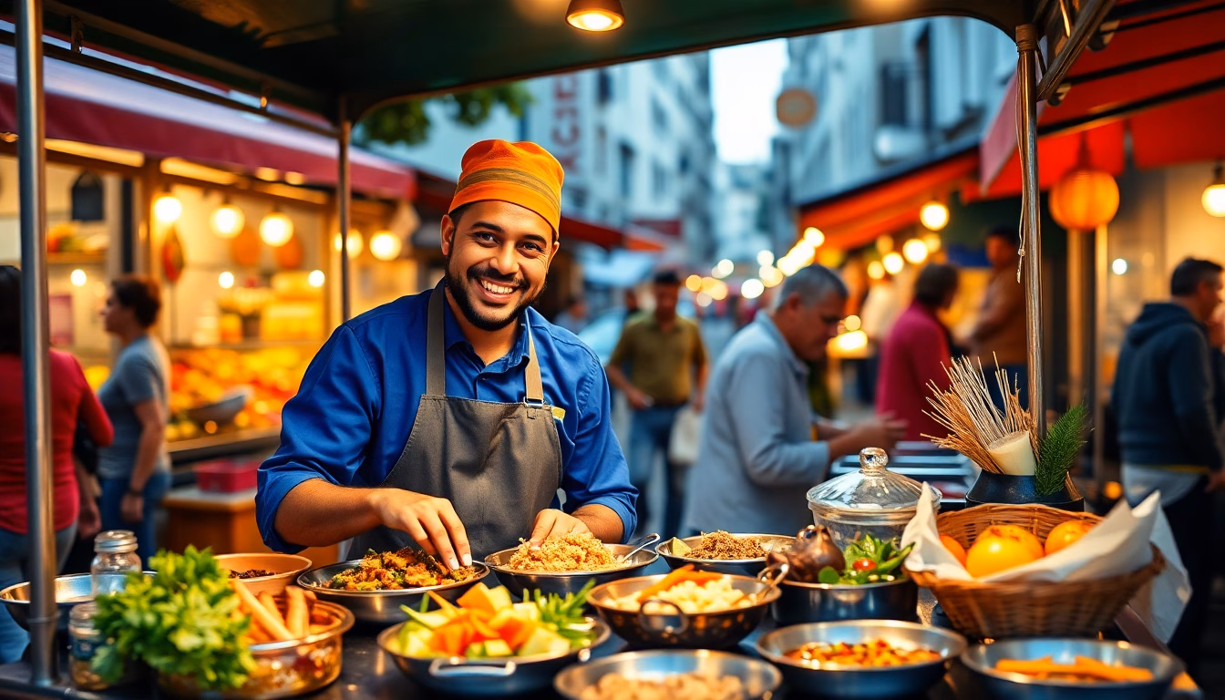 Un couple souriant cuisinant des plats exotiques dans un décor de voyage.