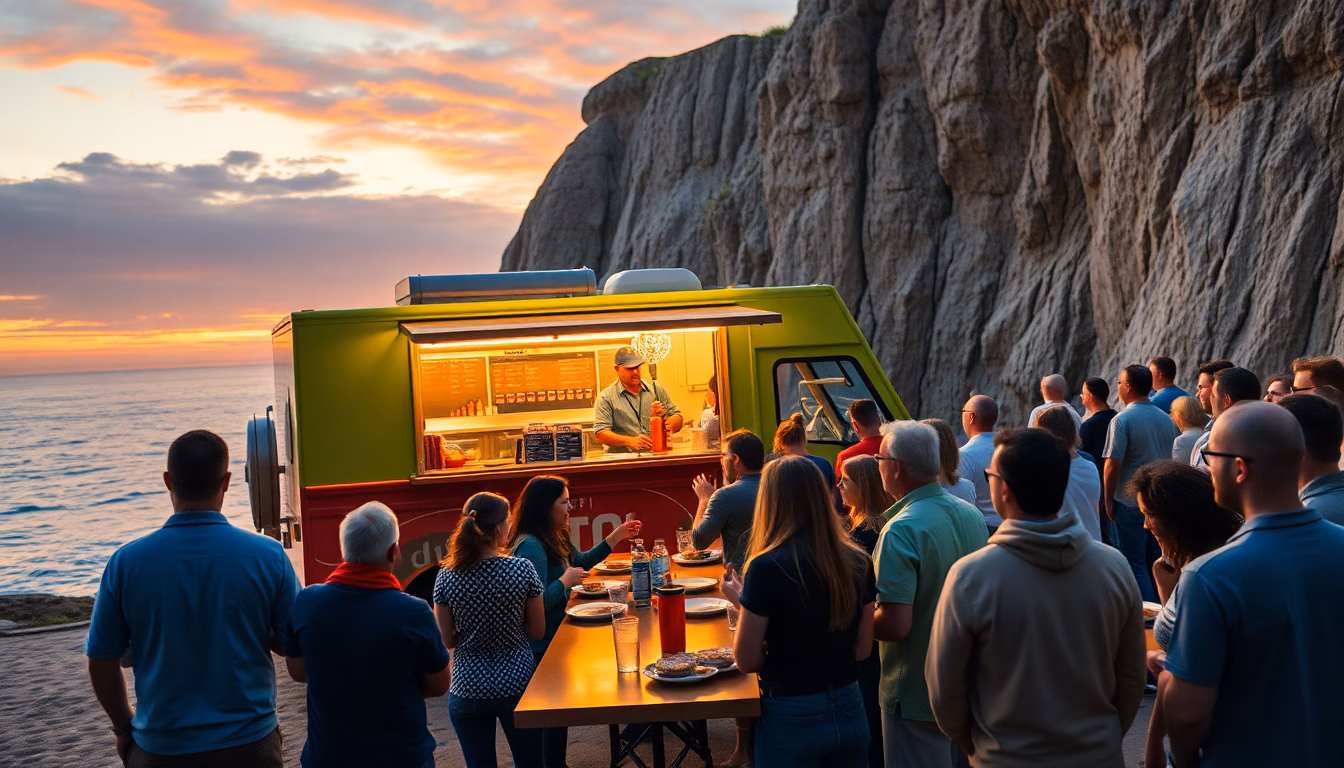 Food truck vide au début, puis animé avec une longue file d'attente devant, mettant en avant un nouveau plat.