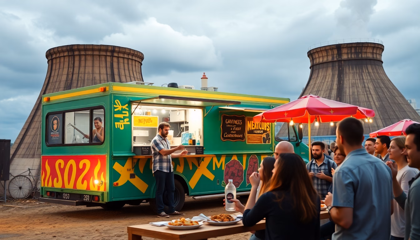 Un food truck coloré avec des clients souriants attendant devant.