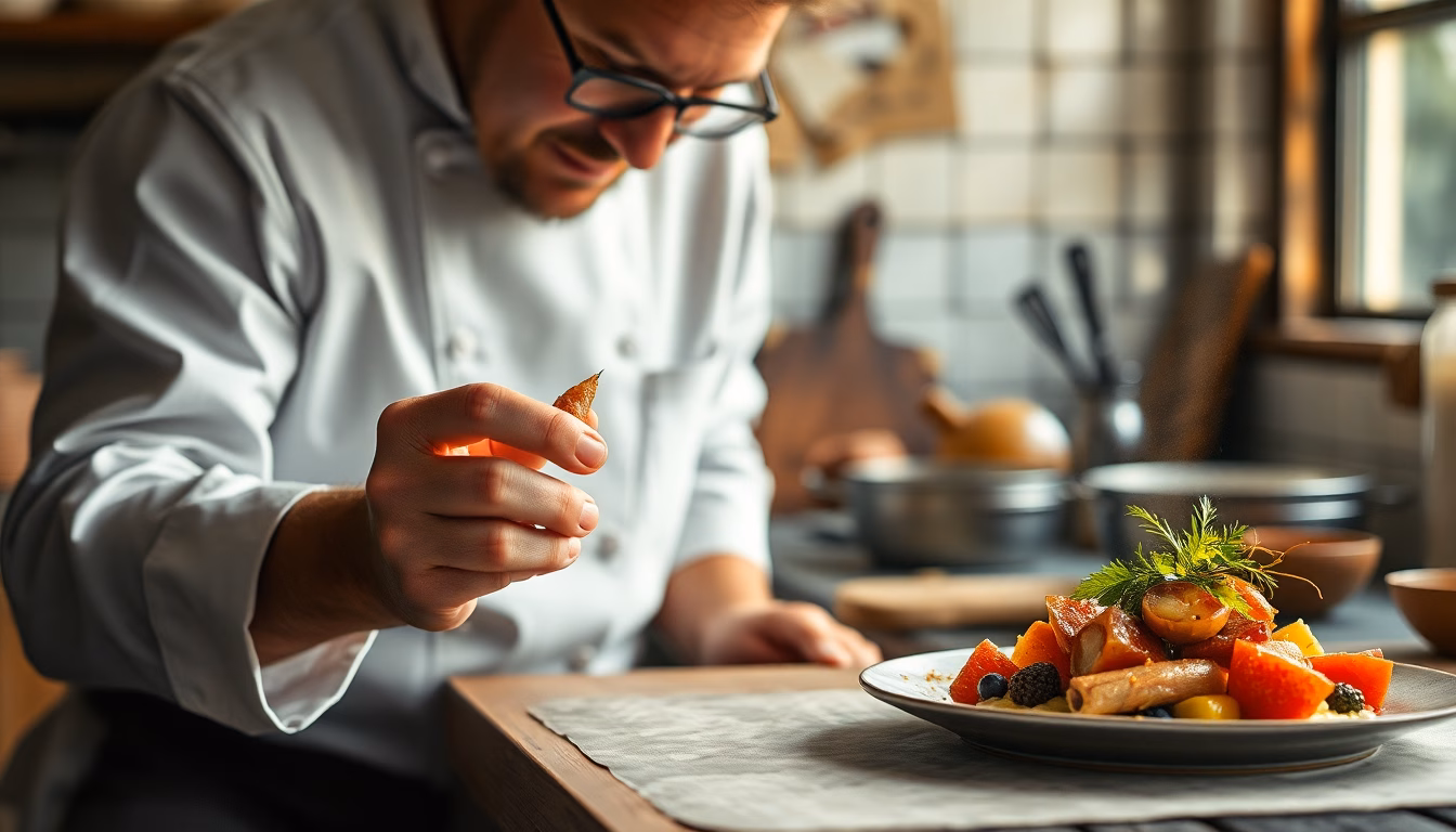 Une personne souriante tenant un ingrédient ancien, avec un plat savoureux en arrière-plan.
