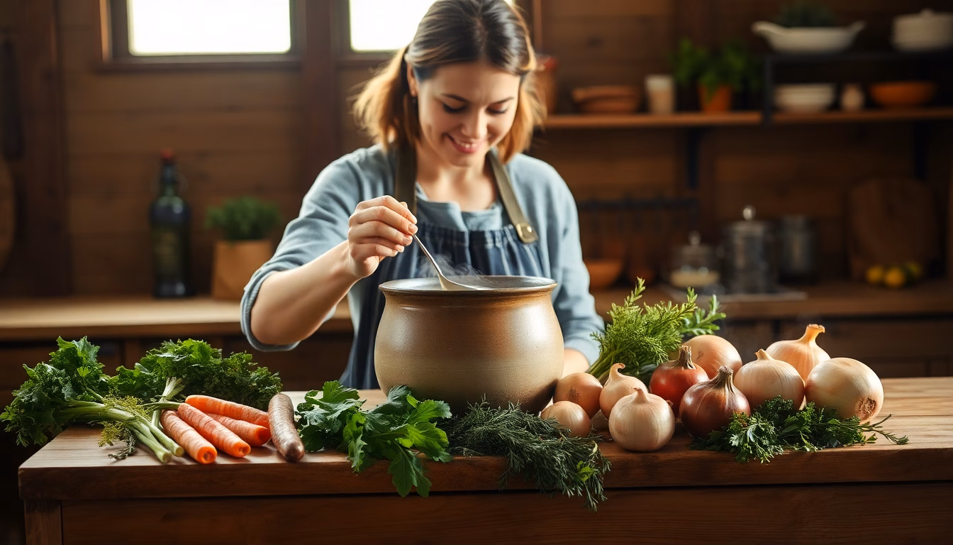 Un pot rempli d'un bouillon végétal doré et clair, avec des légumes frais autour.