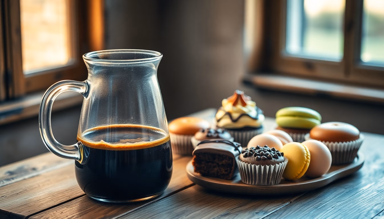Gouttes de café tombant sur une cuillère, avec un dessert en arrière-plan.