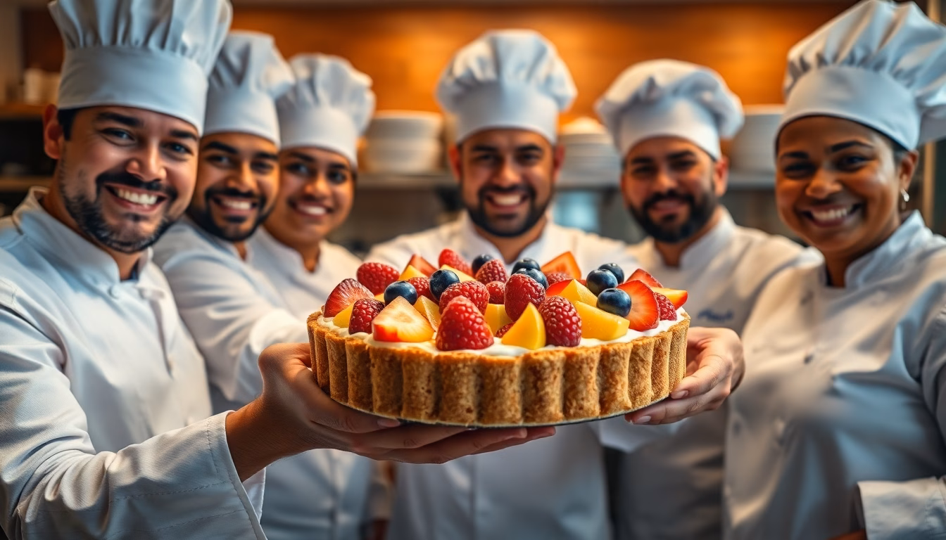 Une tarte sans cuisson joliment décorée, posée sur une table où des personnes la dégustent avec plaisir.