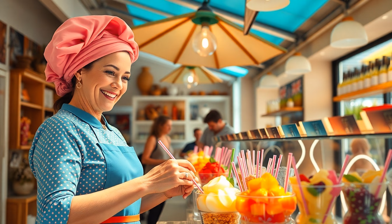 Une cheffe souriante présentant une sélection colorée de sorbets artisanaux sous un soleil éclatant.